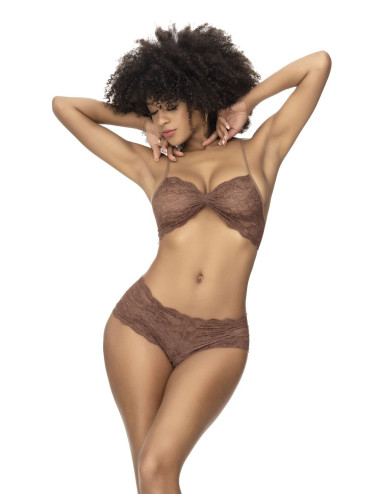 Ensemble 2 pièces, top et tanga en dentelle couleur cacao